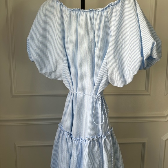 MON-RENN Australia Light Blue Striped Puff-Sleeve Midi Dress Size L - Picture 2 of 5